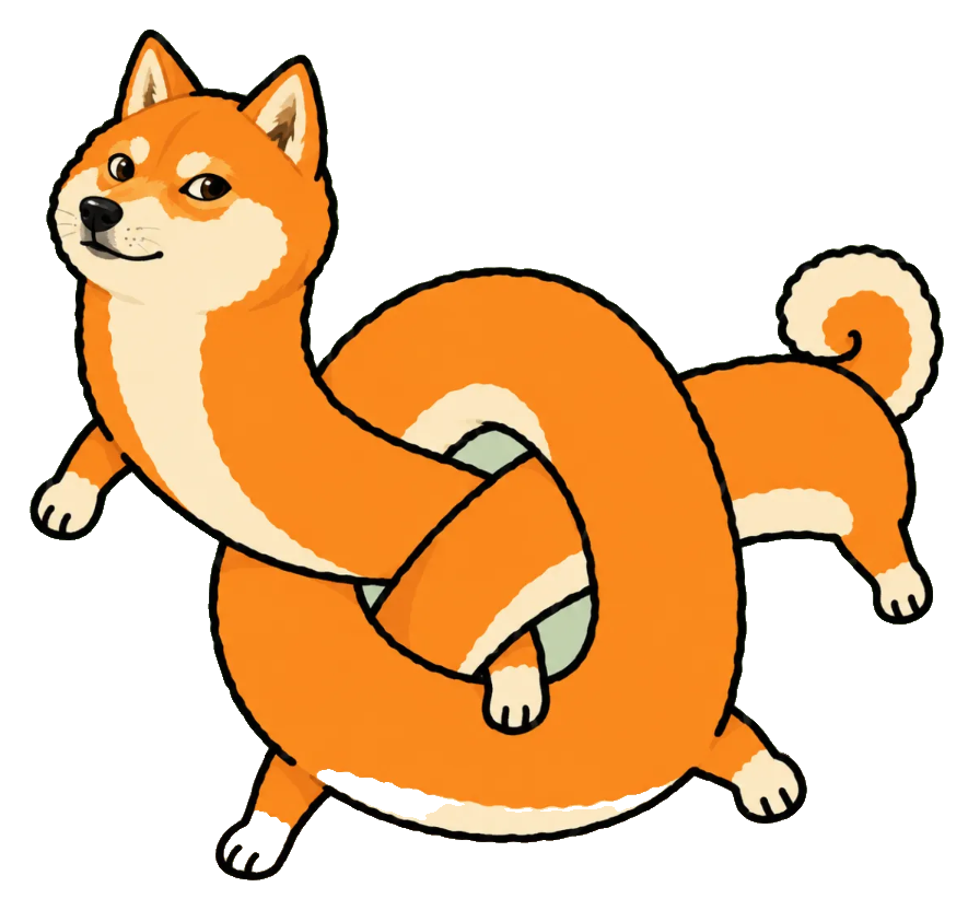 Inoodle, a shiba inu with a very long noodle body looped into a knot