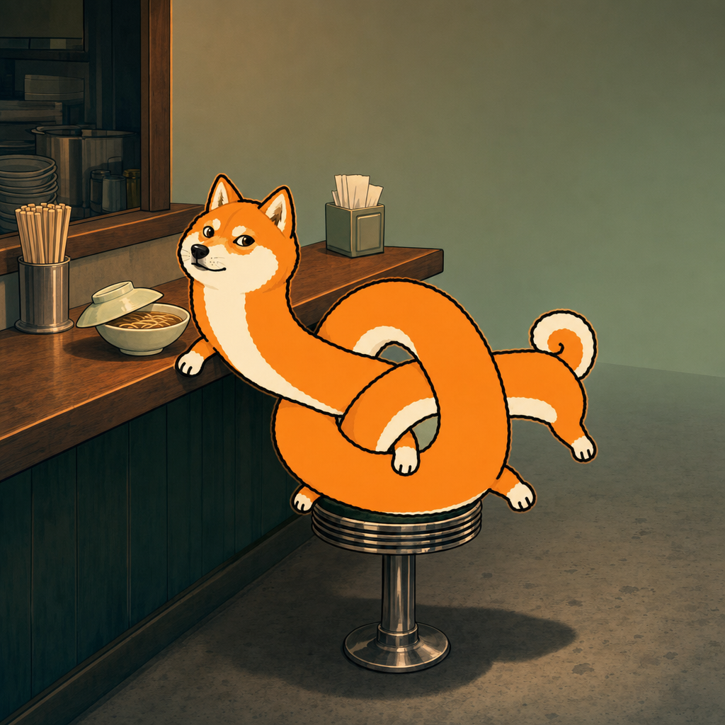Inoodle looped over a chrome stool at a noodle counter, front paws beside a covered bowl